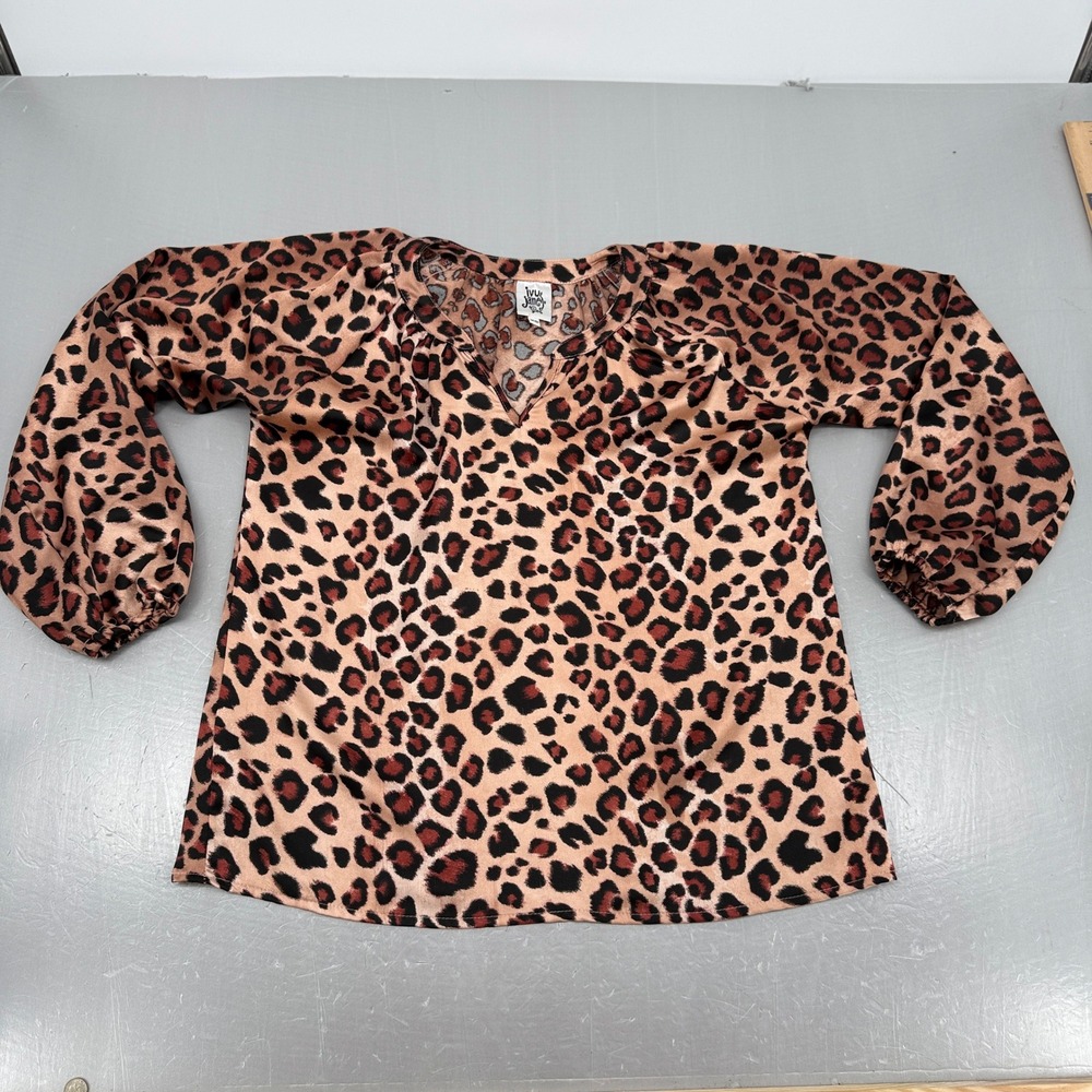 Ivy Jane Womens Leopard Print Balloon Sleeve Split V-Neck Blouse Tan Black XS